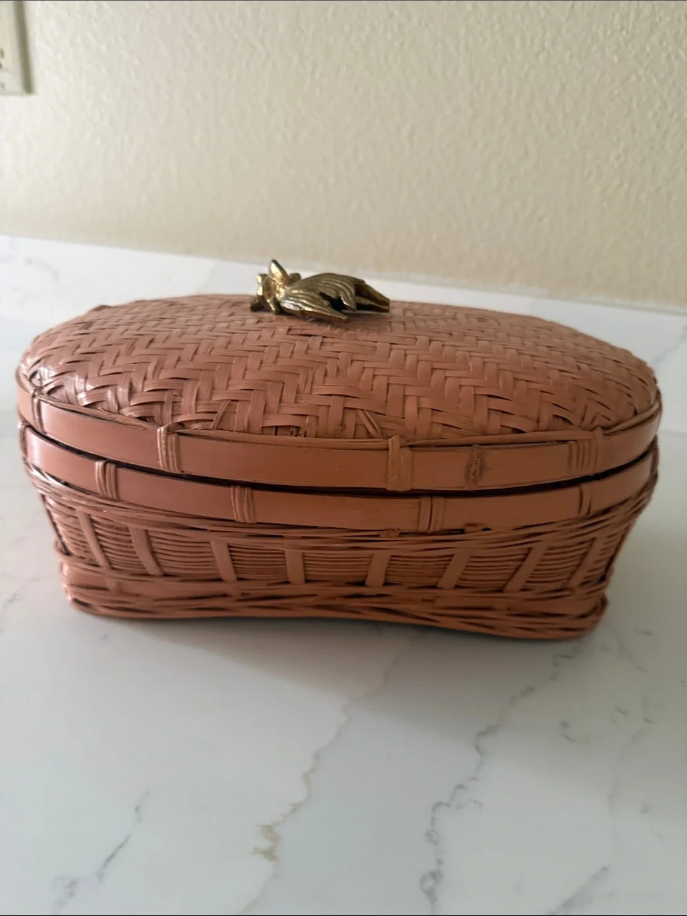 Vintage Painted Basket with Brass Coi Fish Handle Lidded